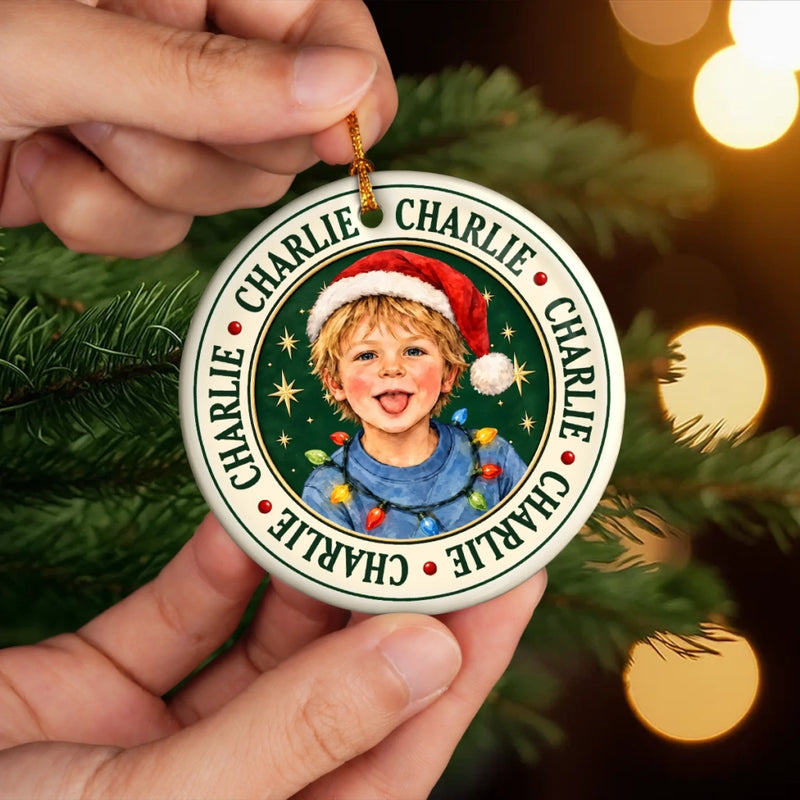 Custom Name Christmas Gifts for Kids - Personalized Photo Ceramic Ornament - Born To Spread Joy