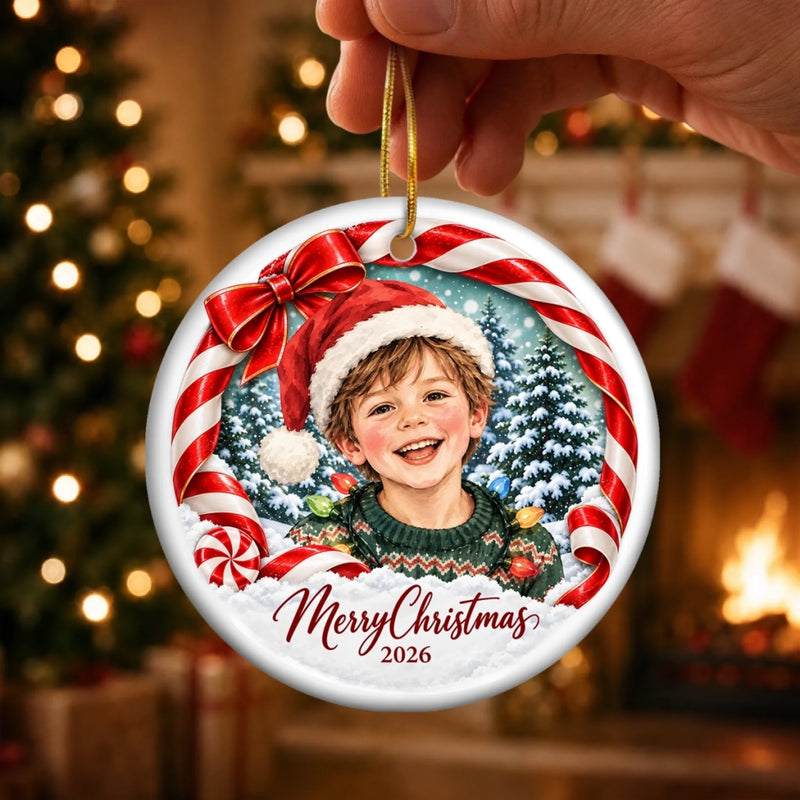 Custom Merry Christmas Child Santa Decor - Personalized Photo Ceramic Ornament - Sweet Face Wild Side