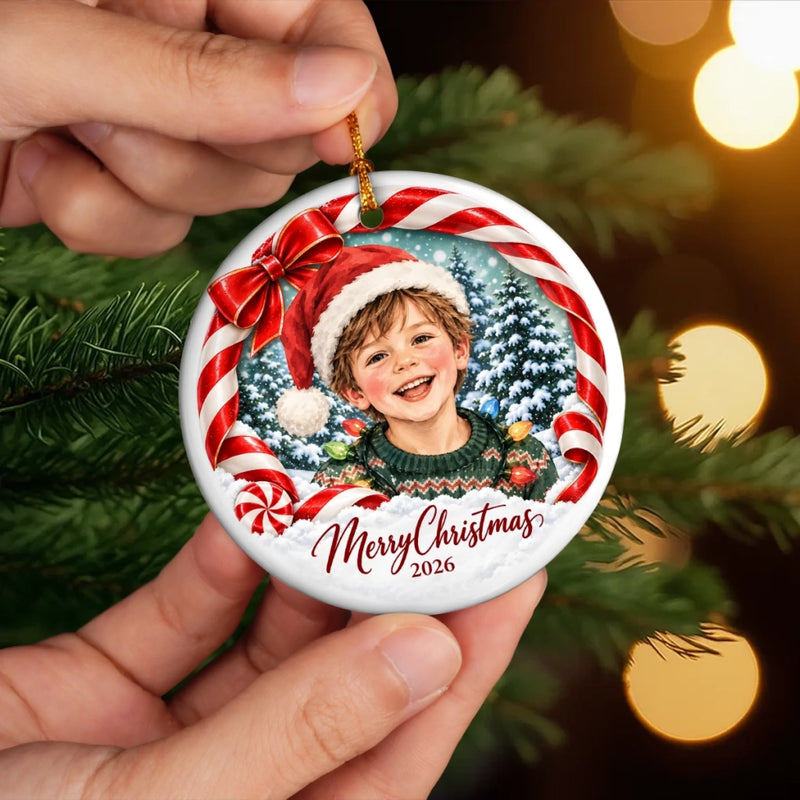 Custom Merry Christmas Child Santa Decor - Personalized Photo Ceramic Ornament - Sweet Face Wild Side