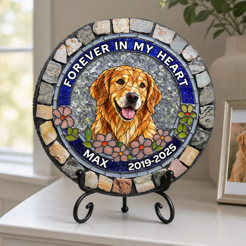 Personalized Photo Round Shaped Stone With Stand - Sympathy Gift For Pet Lovers - Forever In My Heart