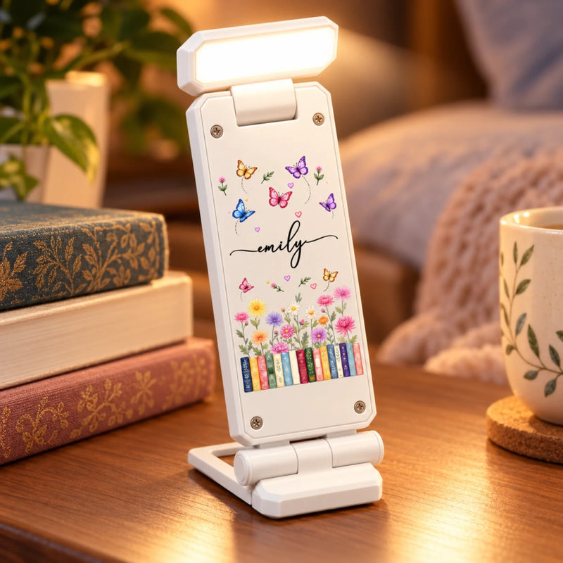 Custom Name Butterfly Floral Book Lover Gifts - Personalized Clip LED Reading Lamp - Many Books