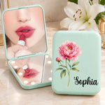 Custom Peony Name Vanity Gift for Her - Personalized LED Compact Makeup Mirror - Special Flower