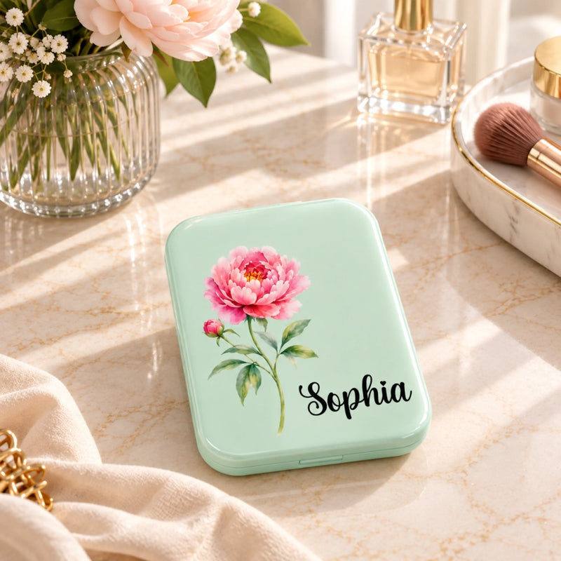 Custom Peony Name Vanity Gift for Her - Personalized LED Compact Makeup Mirror - Special Flower