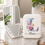 Custom Botanical Initial Vanity Gifts for Her - Personalized LED Compact Makeup Mirror - Initial Letter