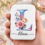 Custom Botanical Initial Vanity Gifts for Her - Personalized LED Compact Makeup Mirror - Initial Letter