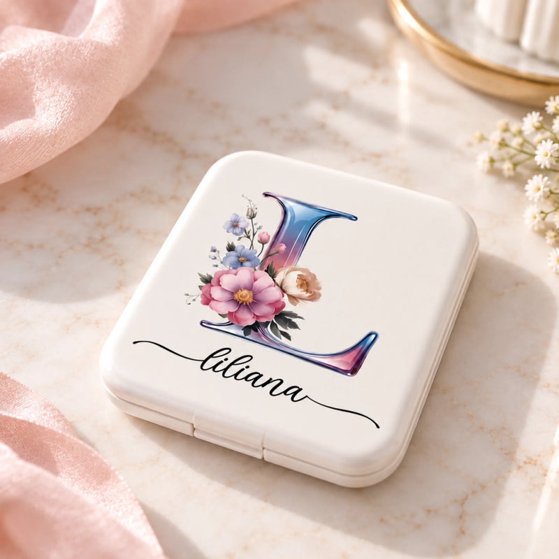 Custom Botanical Initial Vanity Gifts for Her - Personalized LED Compact Makeup Mirror - Initial Letter