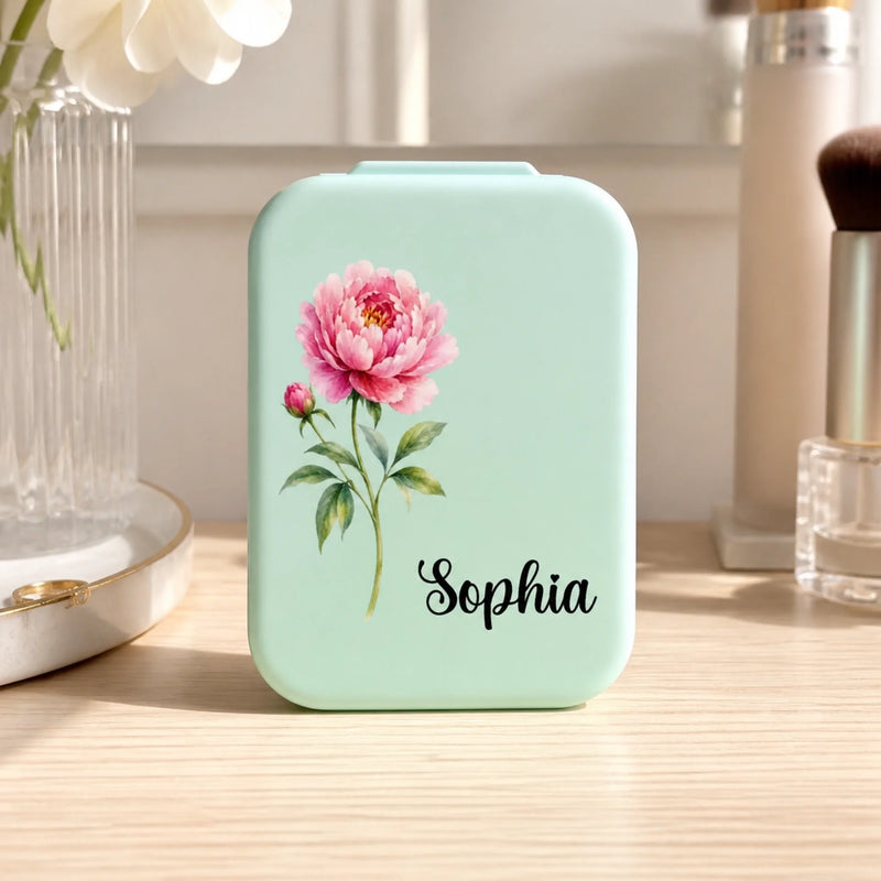 Custom Peony Name Vanity Gift for Her - Personalized LED Compact Makeup Mirror - Special Flower