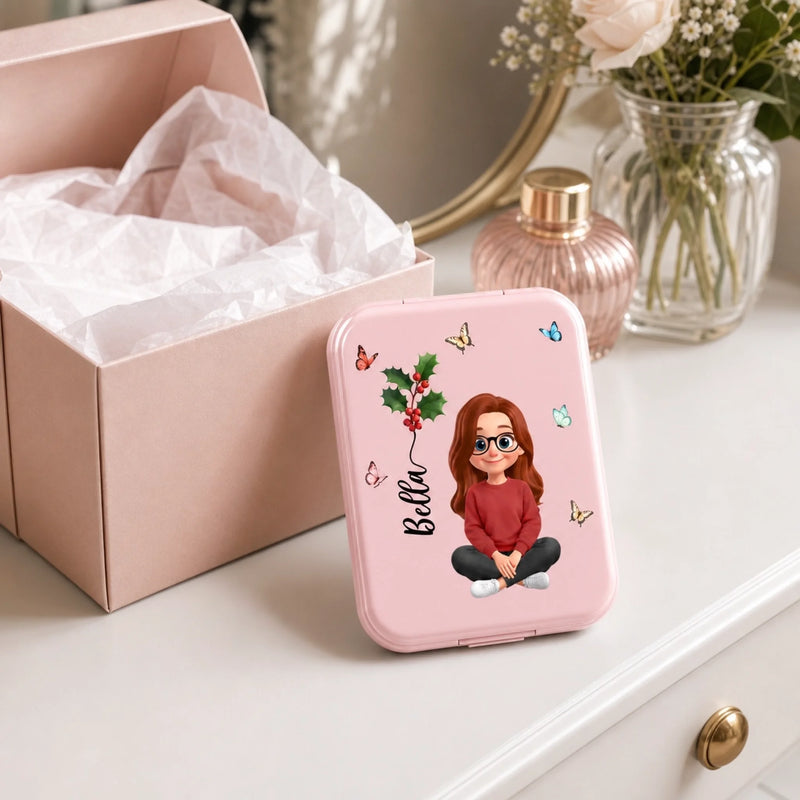Custom Name Butterfly Girl Gifts for Women - Personalized LED Compact Makeup Mirror - Pretty Girl
