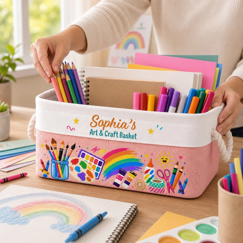 Custom Name Art and Craft Gifts for Kids - Personalized Storage Basket - Made With Imagination