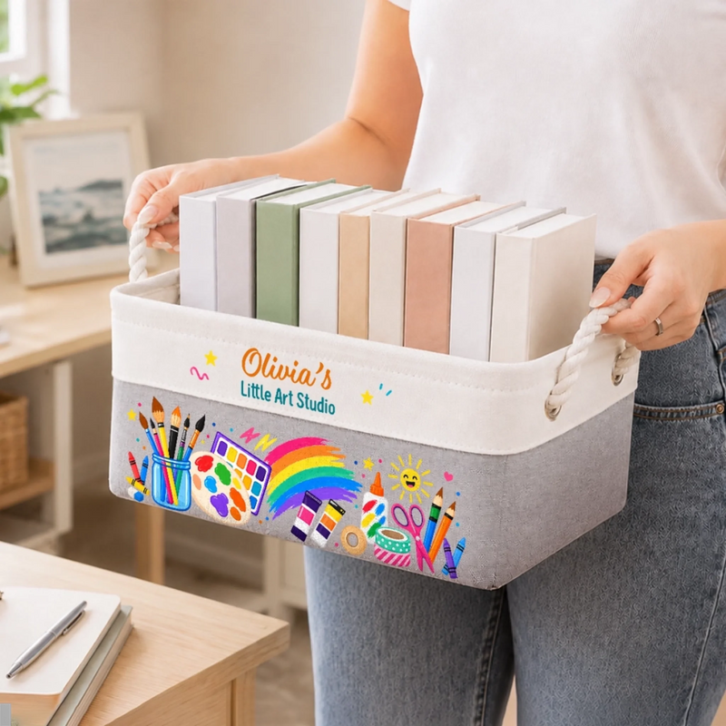 Custom Name Art and Craft Gifts for Kids - Personalized Storage Basket - Made With Imagination