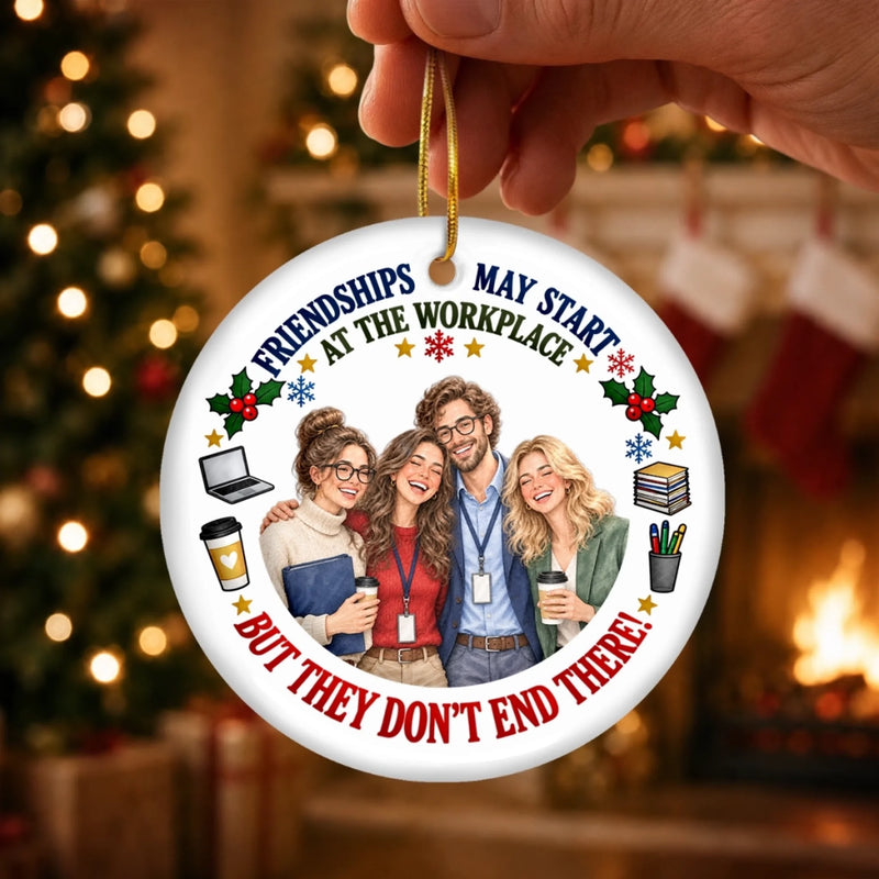 Funny Workplace Friendship Christmas Gifts for Coworkers - Personalized Photo Ceramic Ornament - Work Hard Laugh Harder