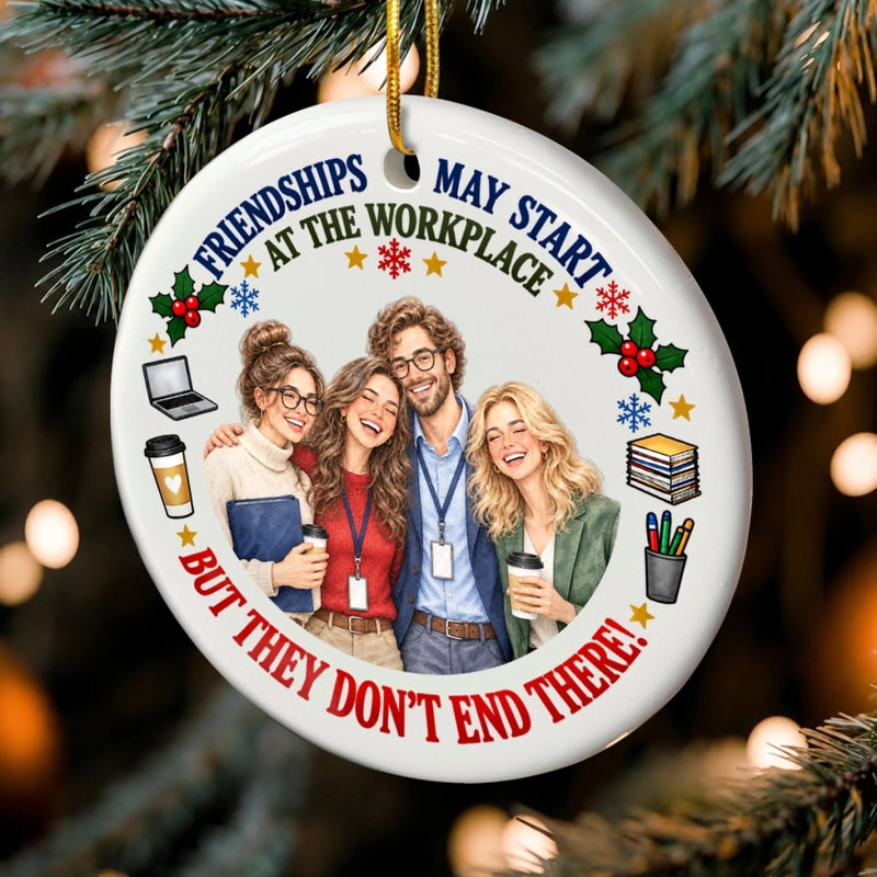 Funny Workplace Friendship Christmas Gifts for Coworkers - Personalized Photo Ceramic Ornament - Work Hard Laugh Harder