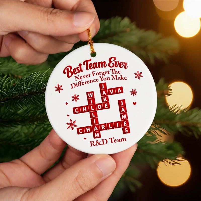 Custom Name Team Christmas Gifts for Coworkers - Personalized Scrabble Ceramic Ornament - Same Desk Different Stories