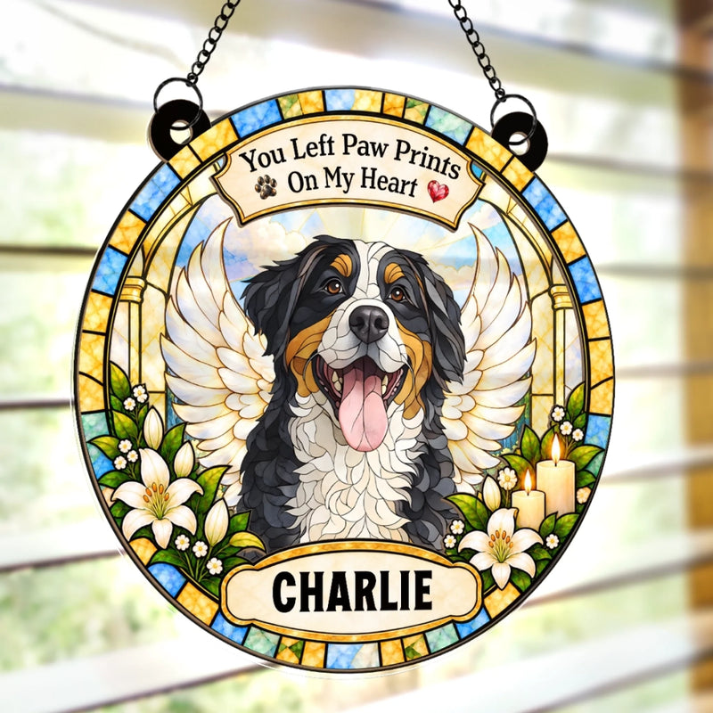 Custom Name Memorial Dog Gifts - Personalized Window Hanging Suncatcher - Paw Prints