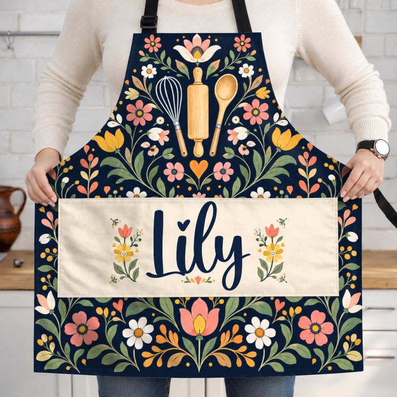 Custom Name Floral Baking Gifts for Women - Personalized Apron With Pocket - Baked With Love
