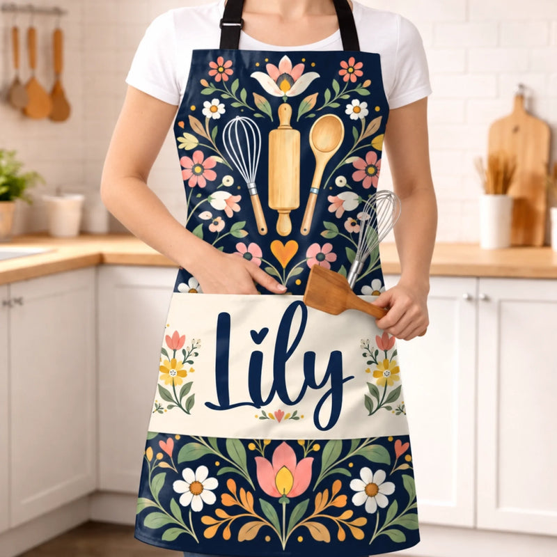 Custom Name Floral Baking Gifts for Women - Personalized Apron With Pocket - Baked With Love