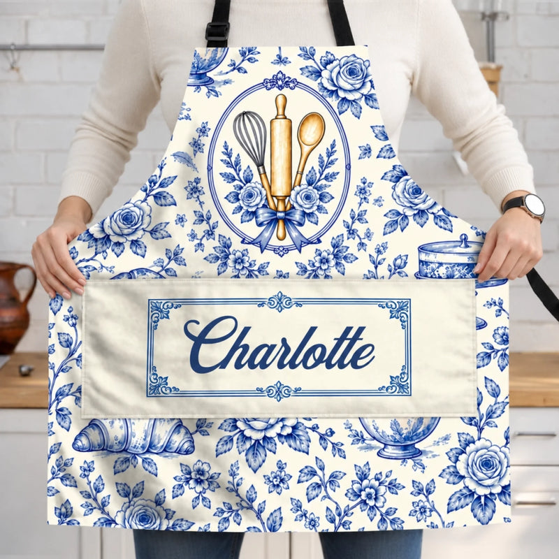 Custom Name Blue Floral Kitchen Gifts - Personalized Apron With Pocket - Happiness Is Homemade