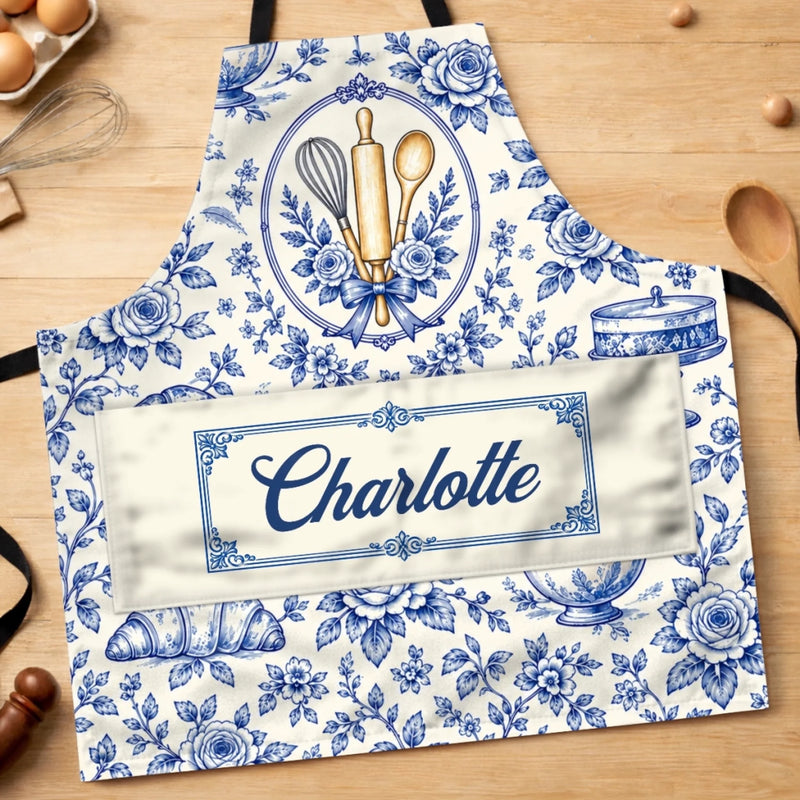 Custom Name Blue Floral Kitchen Gifts - Personalized Apron With Pocket - Happiness Is Homemade