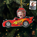 Custom Name Christmas Race Car Gifts for Kids - Personalized Photo Acrylic Ornament - Jingle All The Way