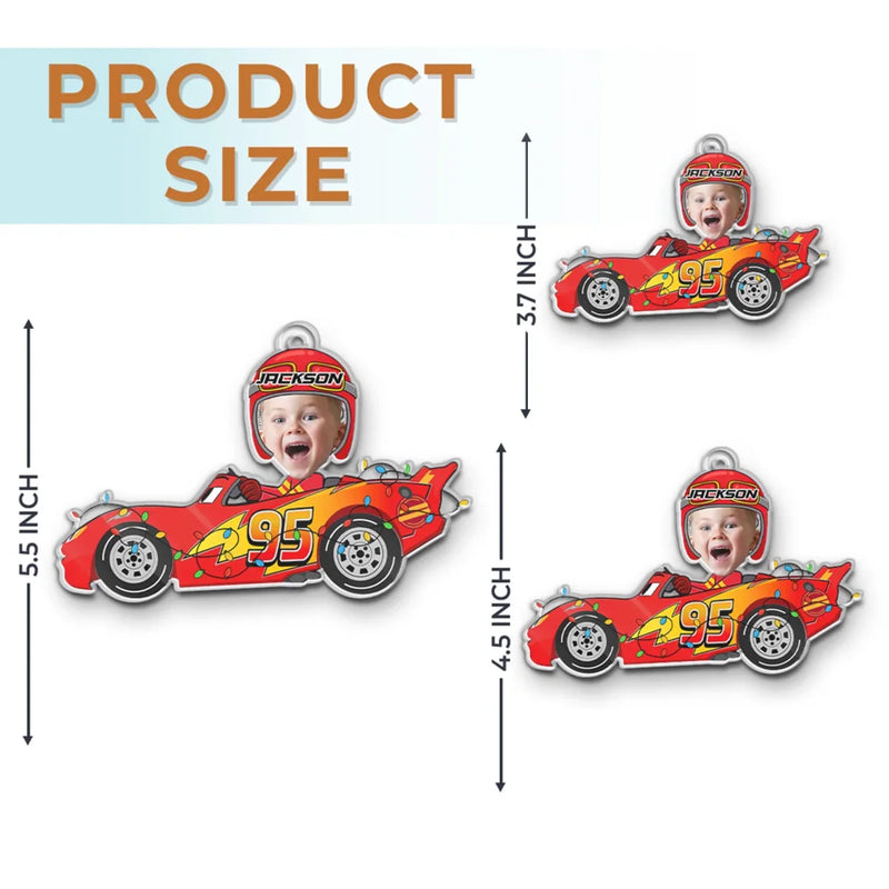 Custom Name Christmas Race Car Gifts for Kids - Personalized Photo Acrylic Ornament - Jingle All The Way