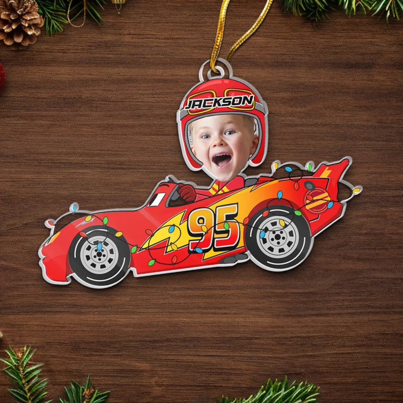 Custom Name Christmas Race Car Gifts for Kids - Personalized Photo Acrylic Ornament - Jingle All The Way