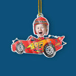 Custom Name Christmas Race Car Gifts for Kids - Personalized Photo Acrylic Ornament - Jingle All The Way