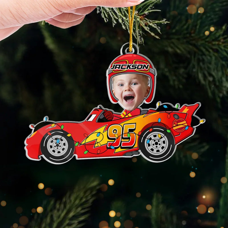 Custom Name Christmas Race Car Gifts for Kids - Personalized Photo Acrylic Ornament - Jingle All The Way