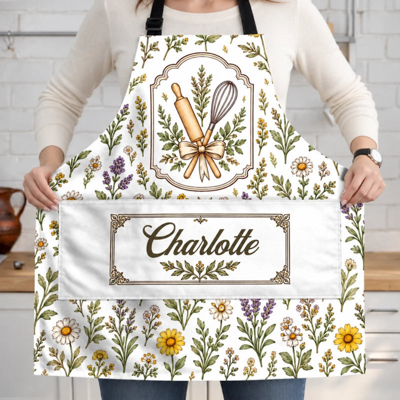 Custom Name Floral Baking Gifts for Bakers - Personalized Apron With Pocket - Good Things Are Baking