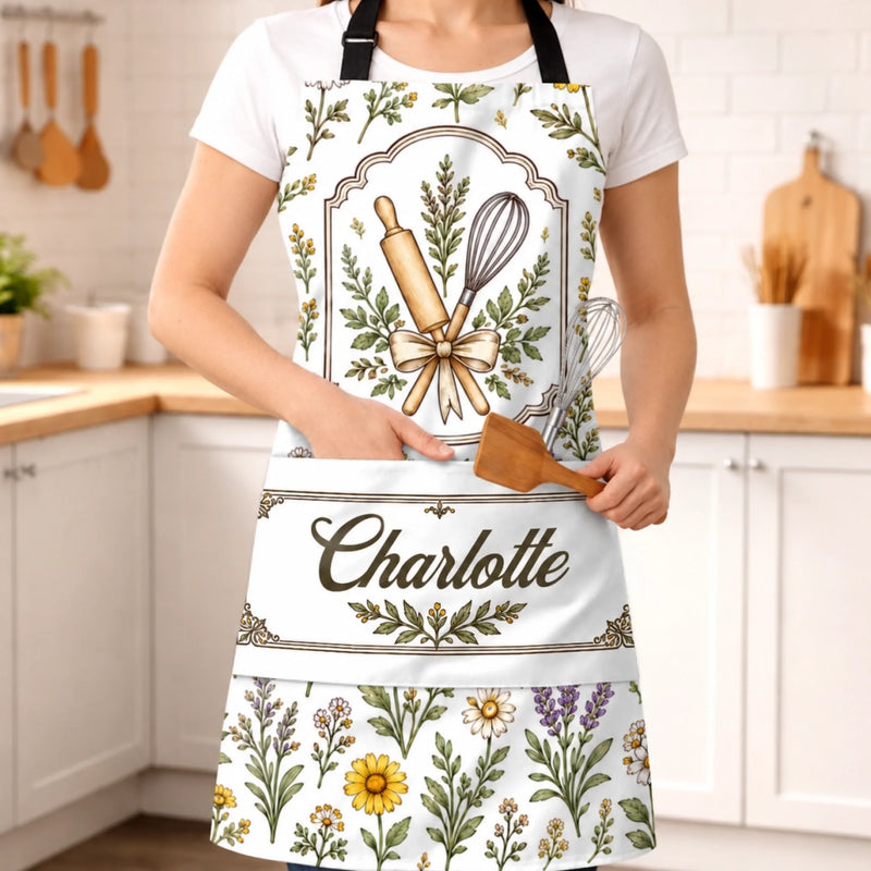 Custom Name Floral Baking Gifts for Bakers - Personalized Apron With Pocket - Good Things Are Baking