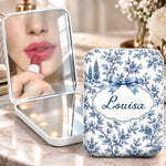 Custom Name Floral Bow Gifts For Women - Personalized LED Compact Makeup Mirror - Floral Selfie