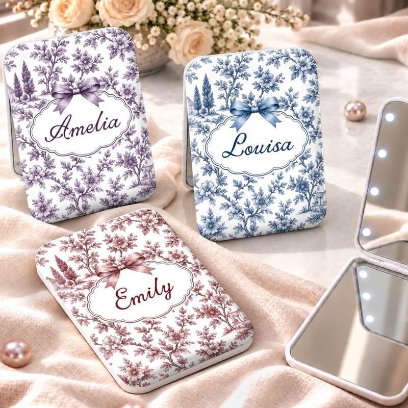 Custom Name Floral Bow Gifts For Women - Personalized LED Compact Makeup Mirror - Floral Selfie