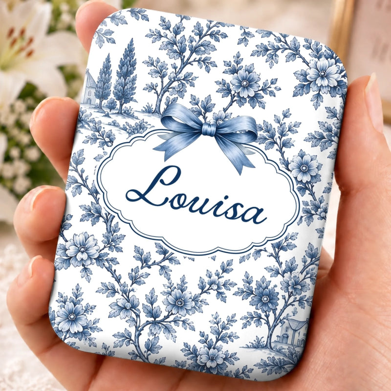 Custom Name Floral Bow Gifts For Women - Personalized LED Compact Makeup Mirror - Floral Selfie
