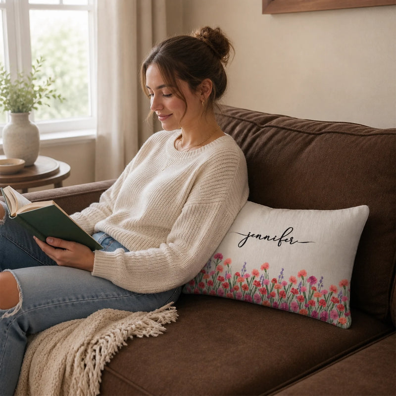 Custom Name Floral Decor - Personalized Woven Pillow - Dreaming In Wild Blooms