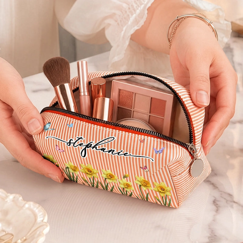 Custom Name Floral Butterfly Design - Personalized Seersucker Makeup Bag - Wildflowers In My Heart