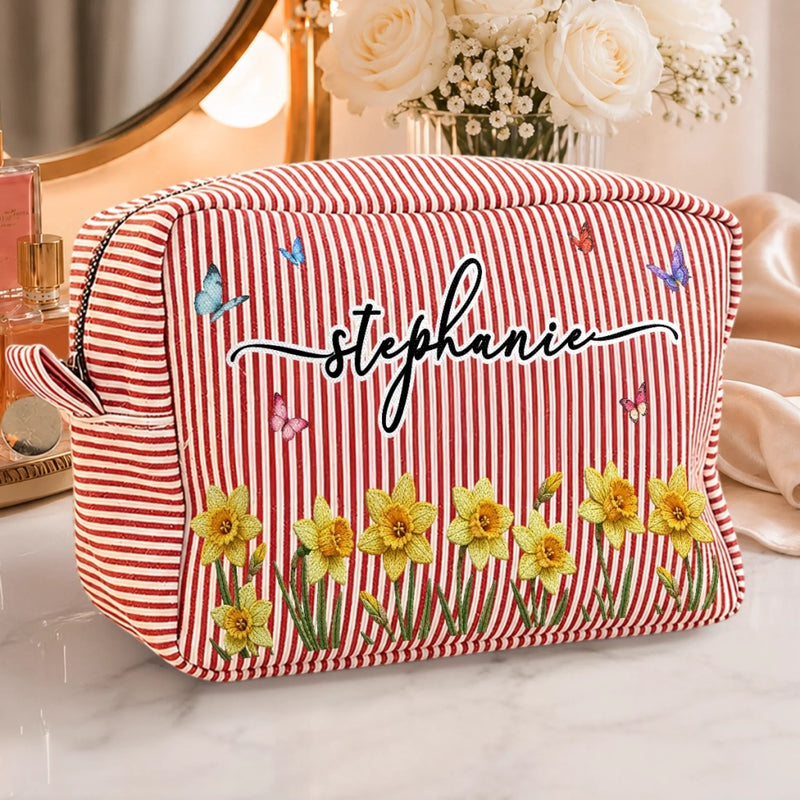 Custom Name Floral Butterfly Design - Personalized Seersucker Makeup Bag - Wildflowers In My Heart