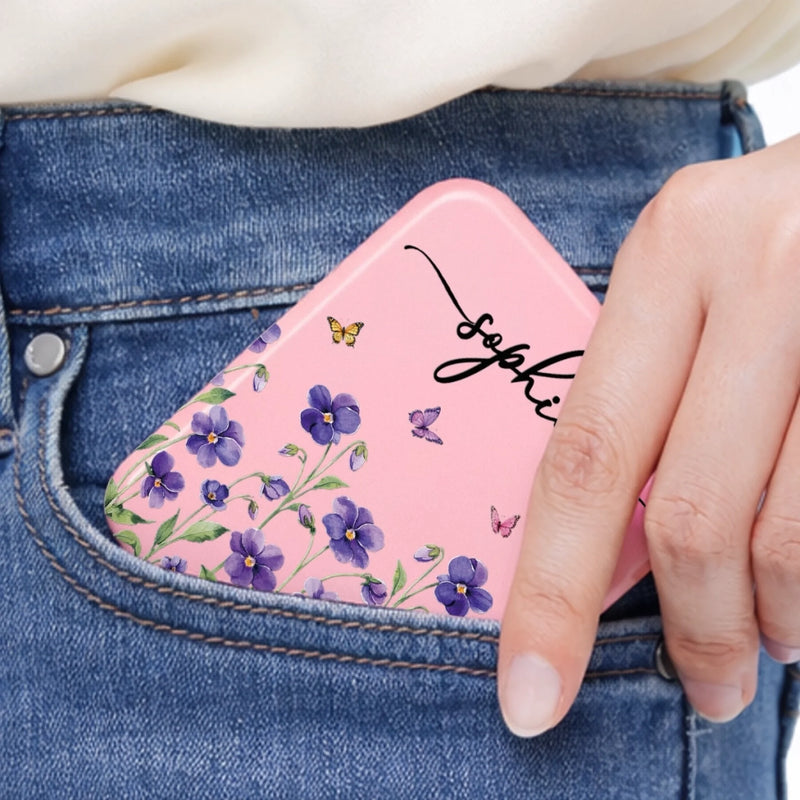 Custom Name Floral Gifts for Women - Personalized LED Compact Makeup Mirror - Butterfly Girl