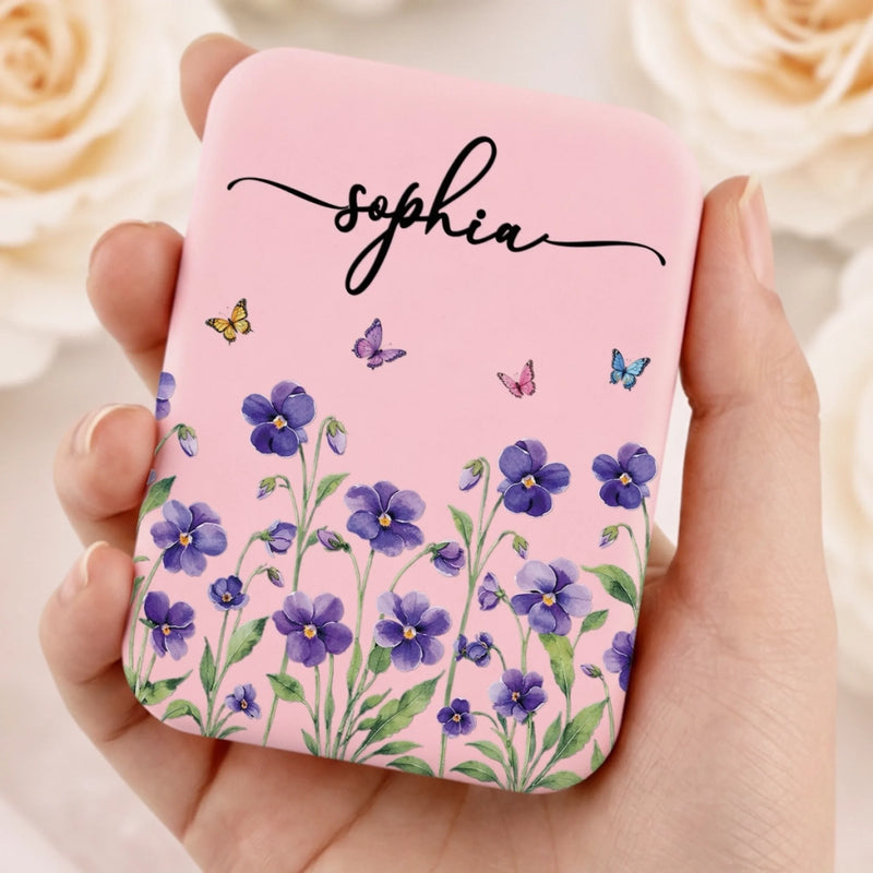 Custom Name Floral Gifts for Women - Personalized LED Compact Makeup Mirror - Butterfly Girl