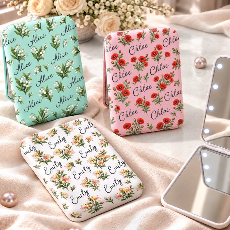 Custom Name Floral Gifts For Women - Personalized LED Compact Makeup Mirror - Uniqueness