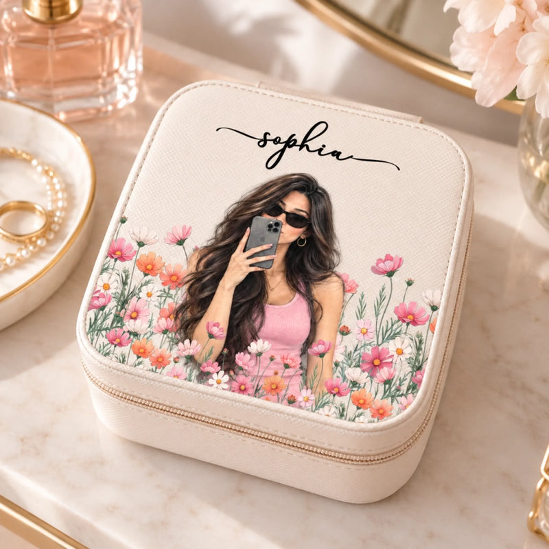 Custom Name Floral Gifts for Women - Personalized Square Jewelry Case