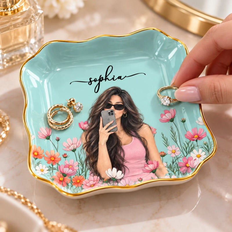 Custom Photo Floral Name Gifts for Women - Personalized Jewelry Dish