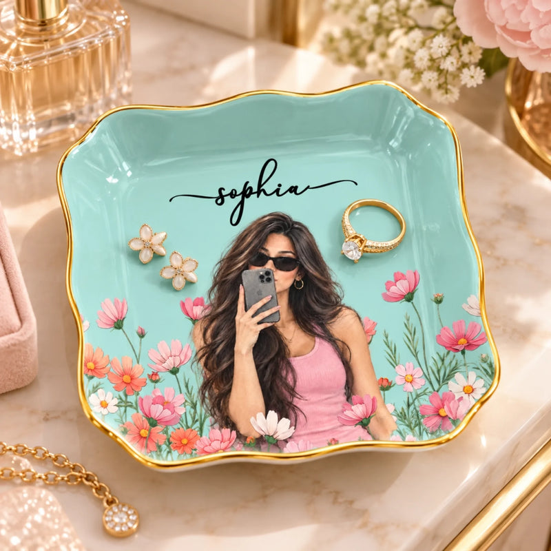 Custom Photo Floral Name Gifts for Women - Personalized Jewelry Dish