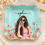 Custom Photo Floral Name Gifts for Women - Personalized Jewelry Dish