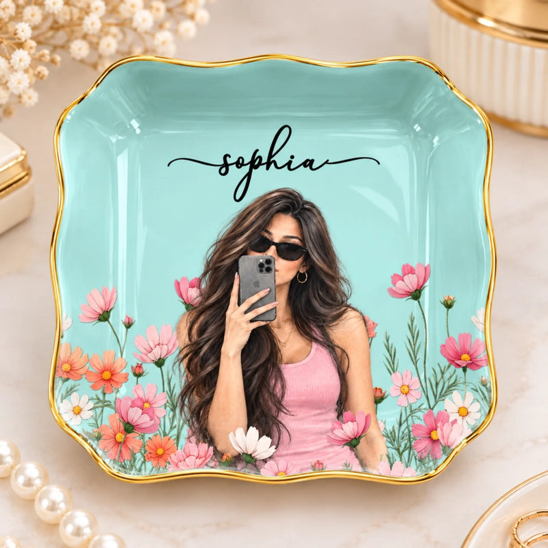 Custom Photo Floral Name Gifts for Women - Personalized Jewelry Dish