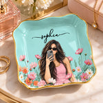 Custom Photo Floral Name Gifts for Women - Personalized Jewelry Dish