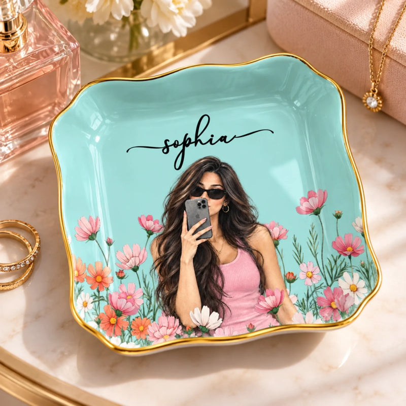 Custom Photo Floral Name Gifts for Women - Personalized Jewelry Dish
