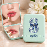 Custom Name Blue Floral Initial Beauty Gifts for Women - Personalized LED Compact Makeup Mirror - Meaningful