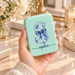 Custom Name Blue Floral Initial Beauty Gifts for Women - Personalized LED Compact Makeup Mirror - Meaningful