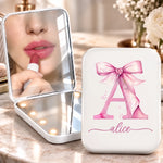 Custom Name Pink Bow Monogram Gifts for Women - Personalized LED Compact Makeup Mirror - Bunny Style