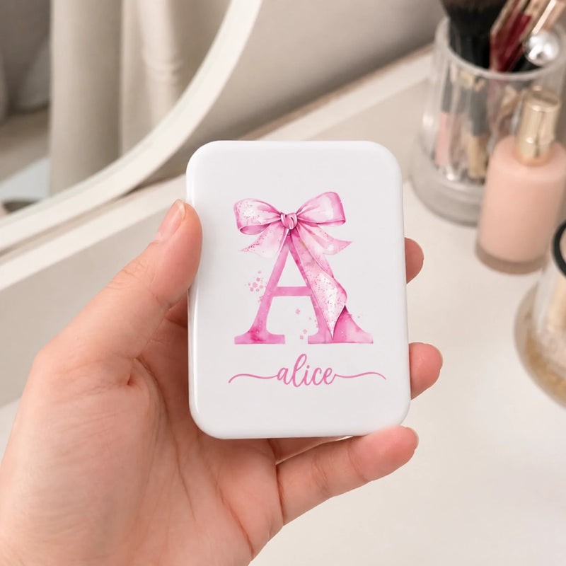 Custom Name Pink Bow Monogram Gifts for Women - Personalized LED Compact Makeup Mirror - Bunny Style