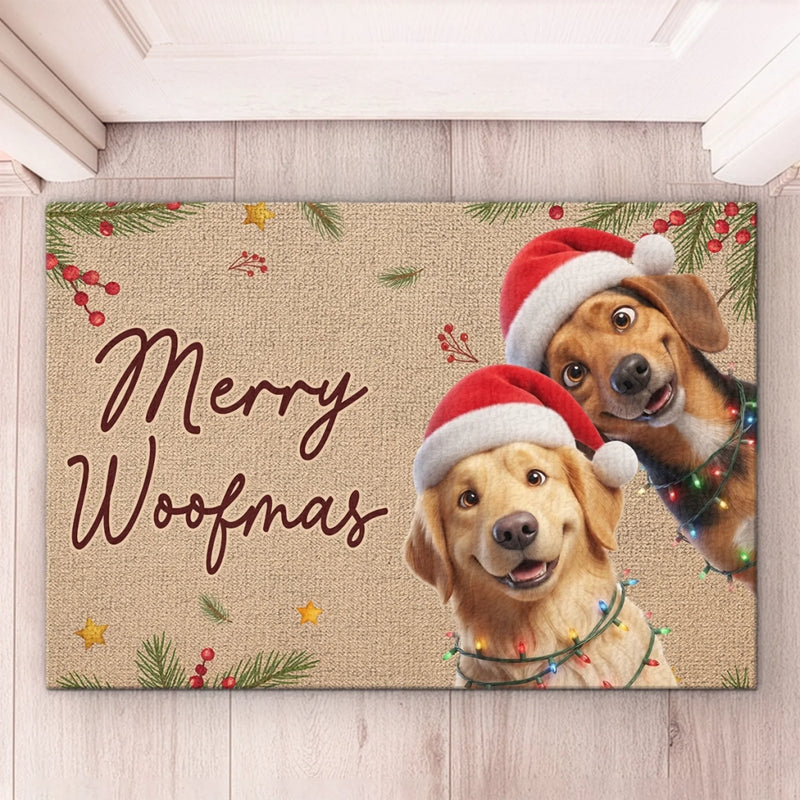 Merry Woofmas Christmas Dog Lover Decor - Personalized Photo Doormat - Santa Paws Is Coming